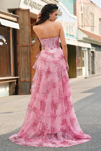 Dress Blush Floral A Line Strapless Corset Tiered Maxi Dress Prom Dress Formal Dress With Backless Evening Dress