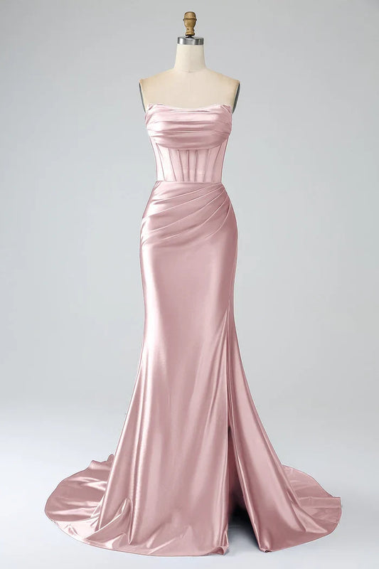 Dress Blush Pink Mermaid Strapless Pleated Corset Party Dress Maxi Dress With Slit Prom Dress