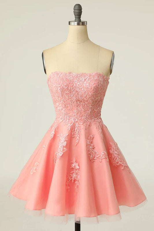 Dress Blush Strapless Short Prom Dress With Appliques A-line Homecoming Dress