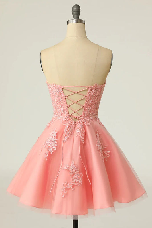 Dress Blush Strapless Short Prom Dress With Appliques A-line Homecoming Dress