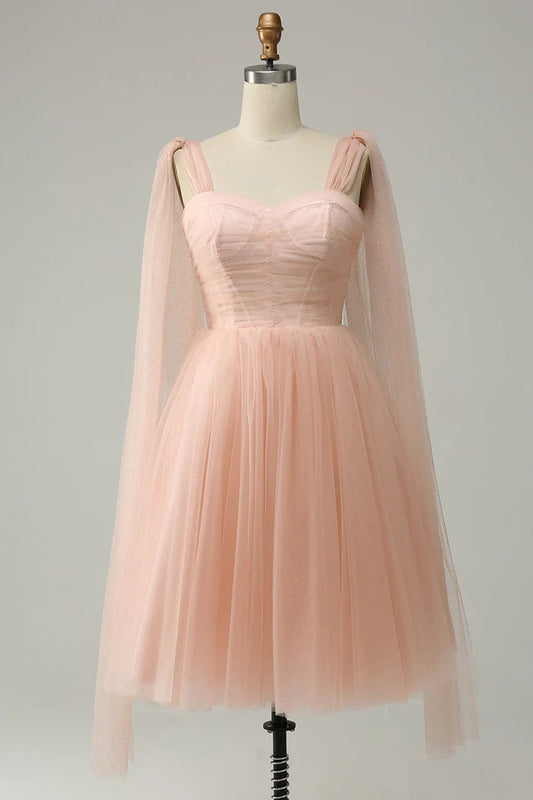 Dress Blush Tulle A-Line Homecoming Dress Strapless Sleeveless Lace Up Prom Dress