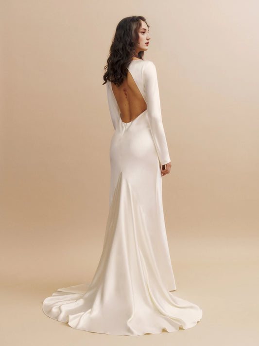 Dress Boat Neck Long Sleeve Satin Mermaid Wedding Dress Minimalist Sweep&Brush Train Backless Bride Dress