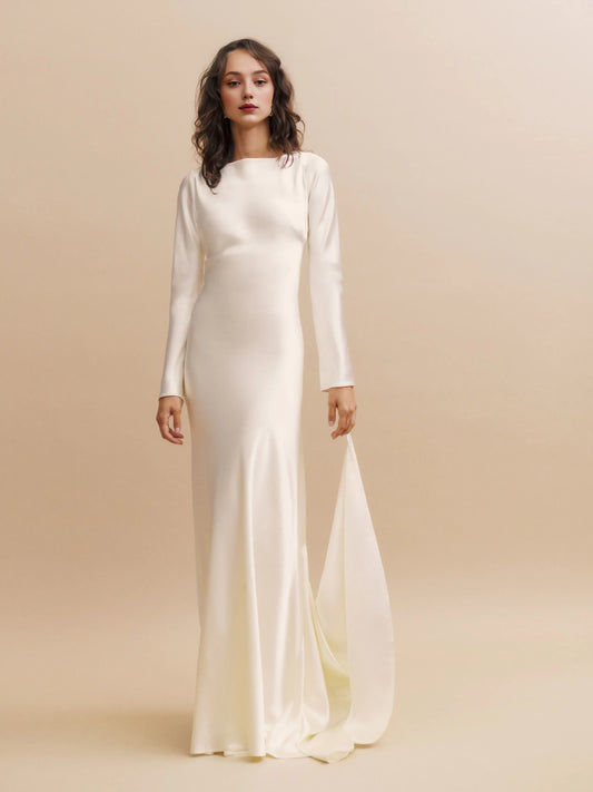 Dress Boat Neck Long Sleeve Satin Mermaid Wedding Dress Minimalist Sweep&Brush Train Backless Bride Dress