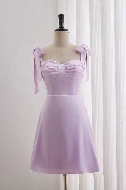 Dress Bow Tie Lavender Ruched A-line Short Dress Homecoming Dress