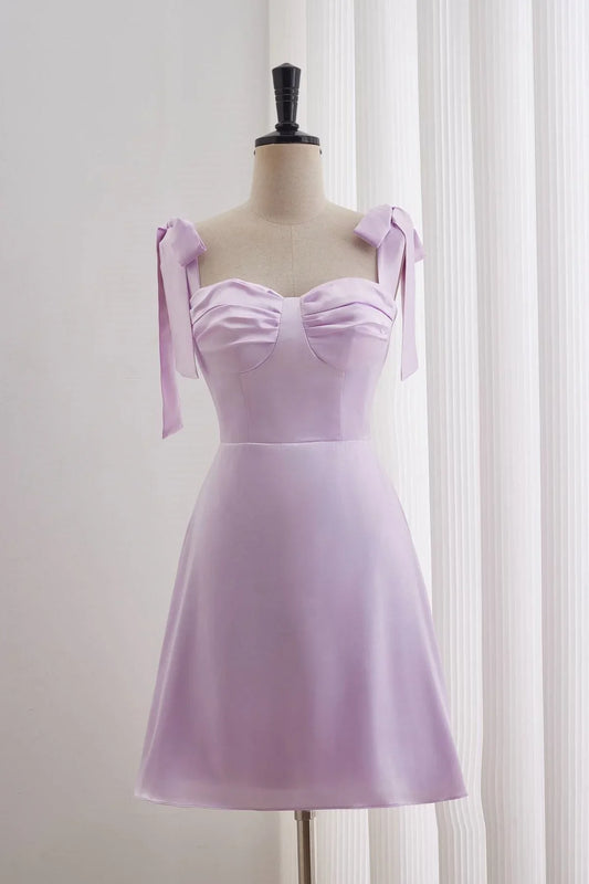 Dress Bow Tie Lavender Ruched A-line Short Dress Homecoming Dress