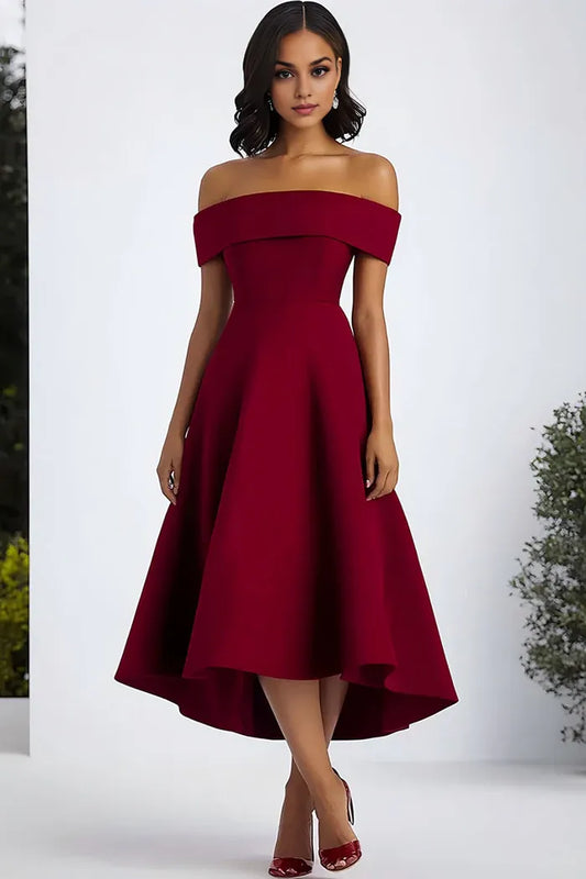 Dress Burgundy A Line Off The Shoulder Midi Formal Dress Prom Dress With Lace Up Evening Dress