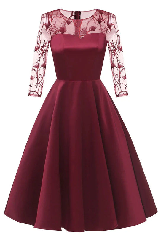 Dress Burgundy Applique A-line Cocktail Party Dress Long Sleeves Knee Length Satin Homecoming Dress