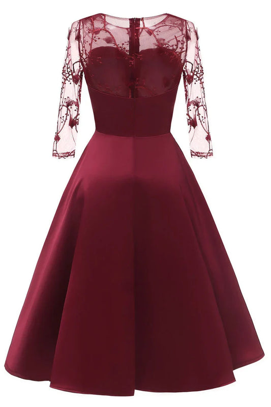 Dress Burgundy Applique A-line Cocktail Party Dress Long Sleeves Knee Length Satin Homecoming Dress