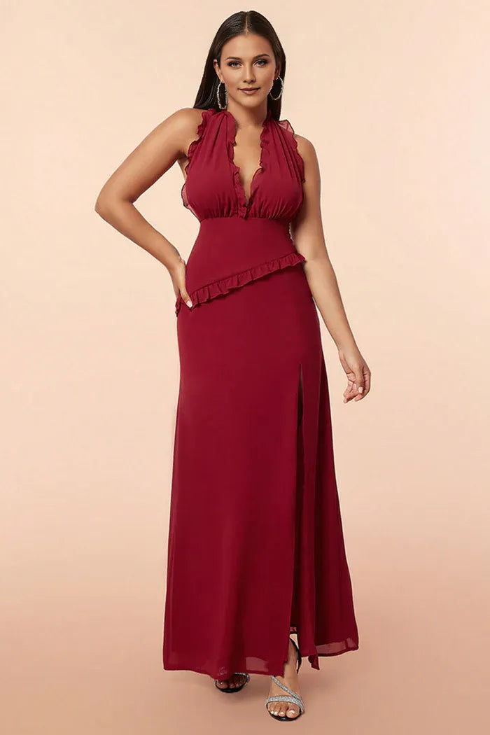 Dress Burgundy Halter Ruffles V Neck Party Dress Open Back Maxi Dress With Slit Prom Dress