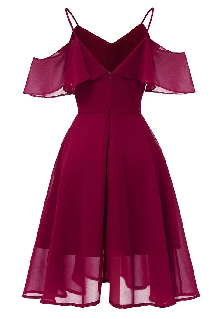 Dress Burgundy Off-the-shoulder A-line Spaghetti Straps Cocktail Party Dress Sleeveless Chiffon Homecoming Dress
