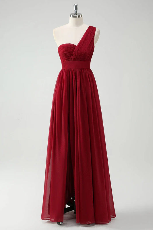 Dress Burgundy One Shoulder Chiffon Maxi Dress Prom Dress Sleeveless Slit Fashion Party Dress