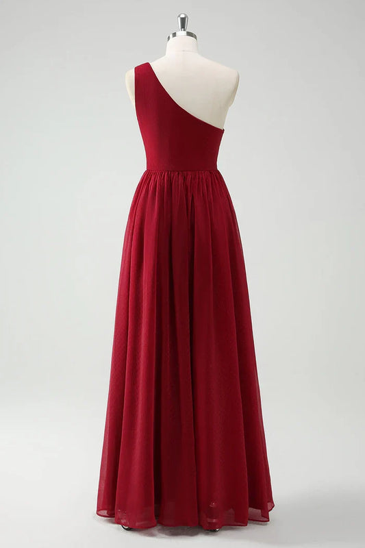 Dress Burgundy One Shoulder Chiffon Maxi Dress Prom Dress Sleeveless Slit Fashion Party Dress