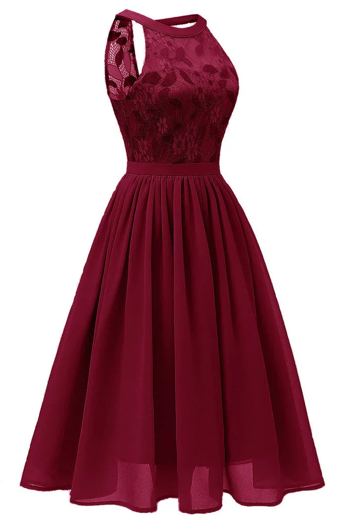 Dress Burgundy Sleeveless A-line Lace Cocktail Party Dress Sleeveless Chiffon Homecoming Dress