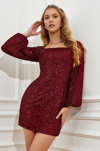 Dress Burgundy Tight Sequins Homecoming Dress Long Sleeves Lace Up Party Dress