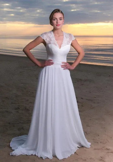 Dress Cap Sleeve A-Line Chiffon V-Neck Dress With Keyhole Back Wedding Dress