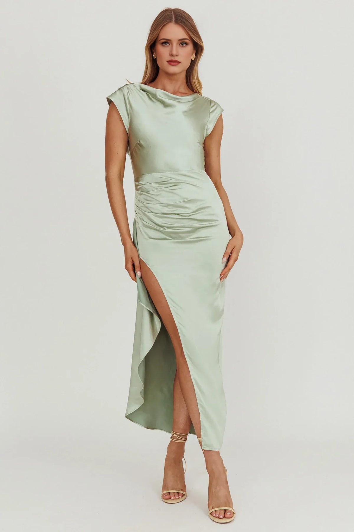 Dress Cap Sleeve Cowl Back Satin Dress Ankle-Length Simple Sheath/Column Backless Prom Dress