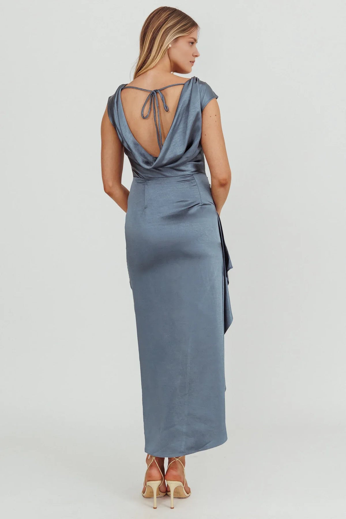 Dress Cap Sleeve Cowl Back Satin Dress Ankle-Length Simple Sheath/Column Backless Prom Dress