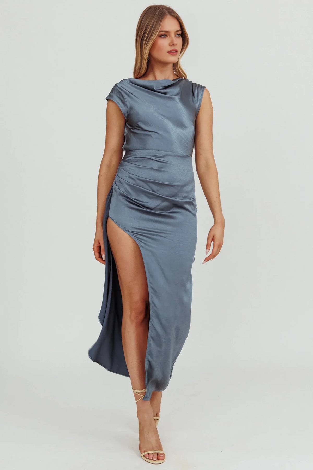Dress Cap Sleeve Cowl Back Satin Dress Ankle-Length Simple Sheath/Column Backless Prom Dress