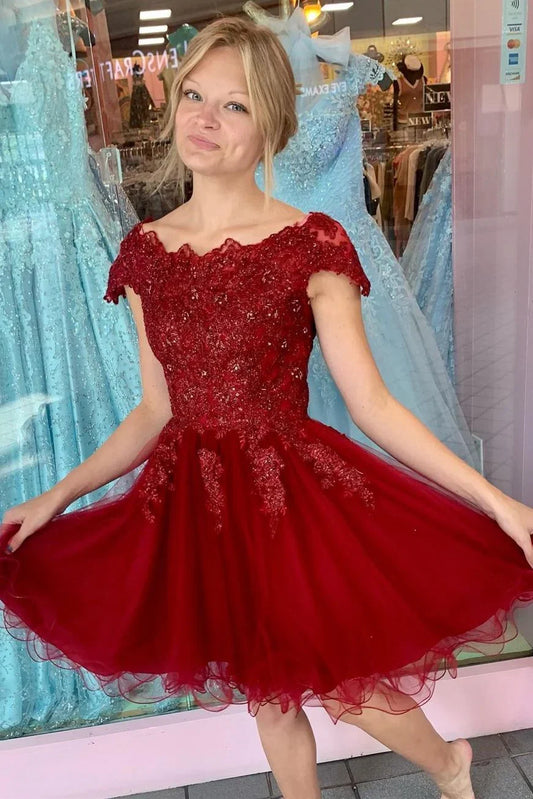 Dress Cap Sleeves Wine Red Short A-line Party Dress Boat Neck Tulle Homecoming Dress