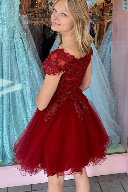 Dress Cap Sleeves Wine Red Short A-line Party Dress Boat Neck Tulle Homecoming Dress
