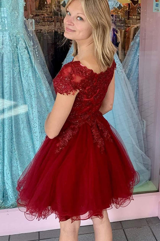 Dress Cap Sleeves Wine Red Short A-line Party Dress Boat Neck Tulle Homecoming Dress