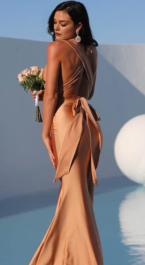 Dress Champagne Deep V Neck Satin Gown Criss Cross Back & Bow Detail For Elegant Romance Prom Dress