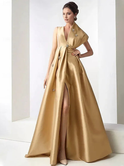 Dress Champagne Gold A-Line Satin Elegant Fall Wedding Guest Dress Carnival Formal Floor Length Sleeveless V Neck With Beading Evening Dress