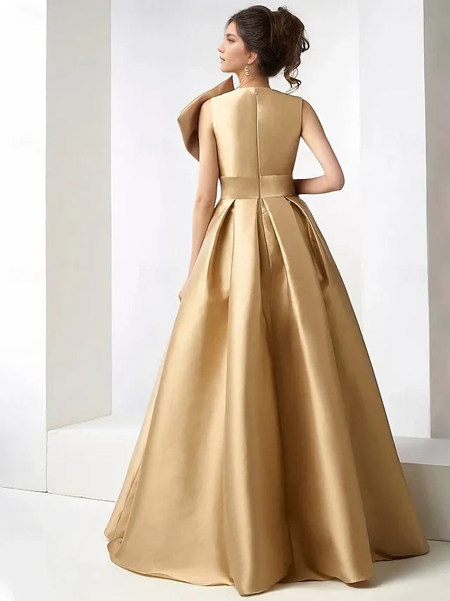 Dress Champagne Gold A-Line Satin Elegant Fall Wedding Guest Dress Carnival Formal Floor Length Sleeveless V Neck With Beading Evening Dress