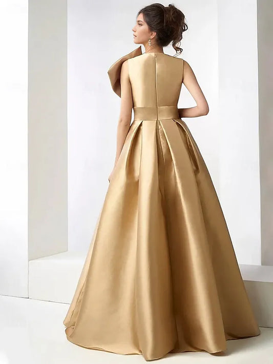 Dress Champagne Gold A-Line Satin Elegant Fall Wedding Guest Dress Carnival Formal Floor Length Sleeveless V Neck With Beading Evening Dress