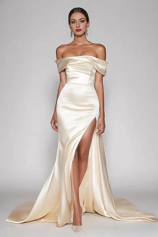 Dress Champagne Off The Shoulder Satin Mermaid Prom Dress With Slit