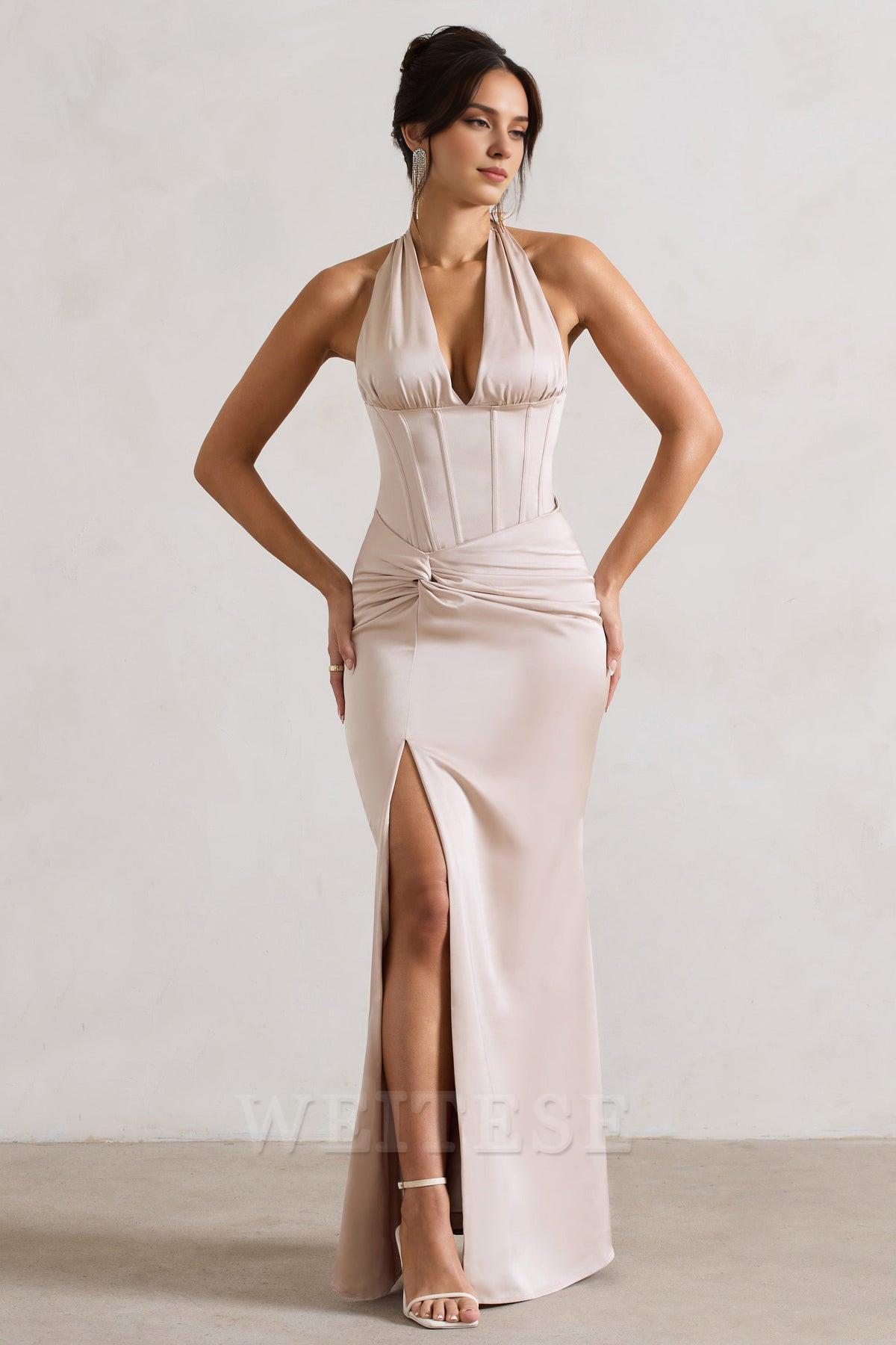Dress Champagne Satin Corset Style Maxi Dress With Wrap Skirt Prom Dress Backless Deep V Neck With Side Slit Bridesmaid Dress