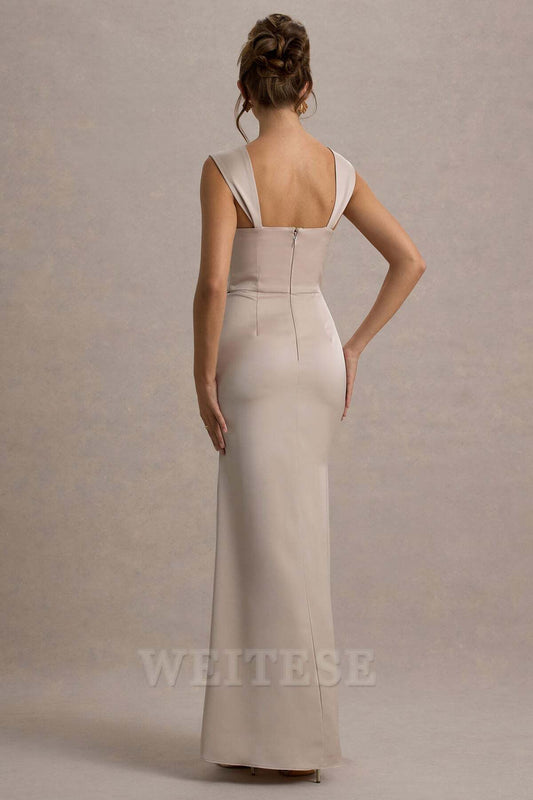Dress Champagne Satin Corset Wrap Maxi Dress Bridesmaid Dress Floor Length Sweetheart Square Neck Prom Dress