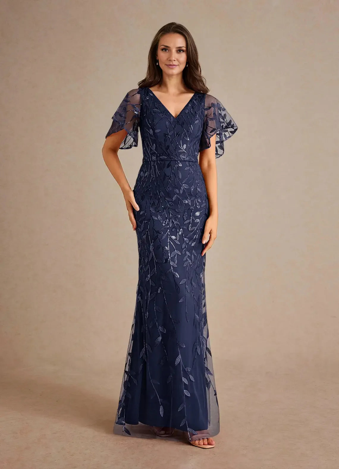 Dress Champagne Sheath Sequins Mother of the Groom Dresses Elegant V-Neck Flutter Sleeves Tulle Evening Dress