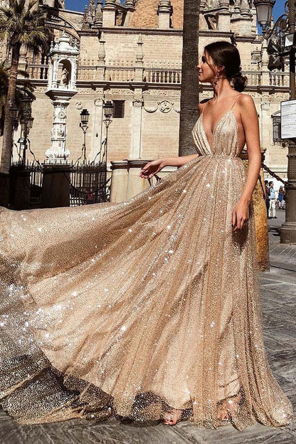 Dress Champagne Sparkly Plunging Deep V-neck Prom Dress With Sequins