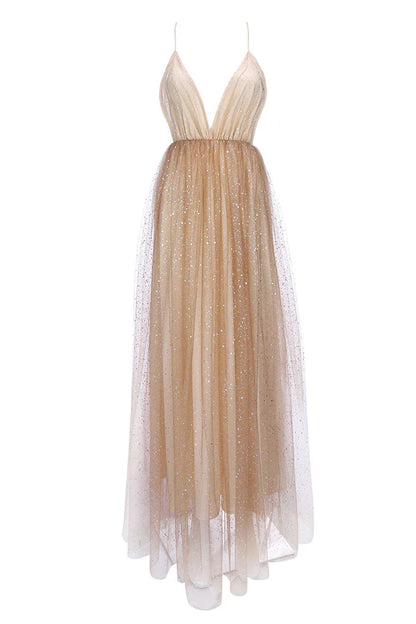 Dress Champagne Sparkly Plunging Deep V-neck Prom Dress With Sequins
