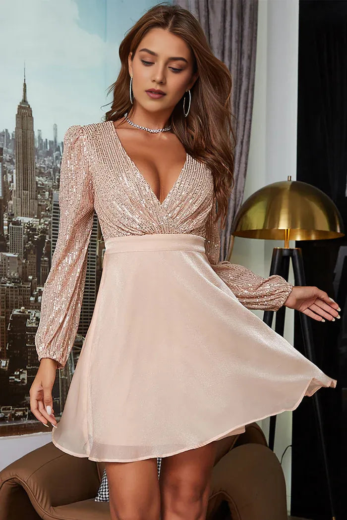 Dress Champagne V-Neck Sequined Homecoming Dress Long Sleeves Full Coverage Party Dress