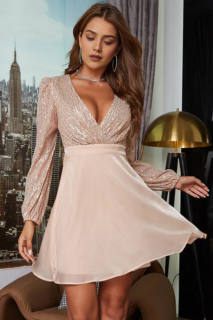 Dress Champagne V-Neck Sequined Homecoming Dress Long Sleeves Full Coverage Party Dress