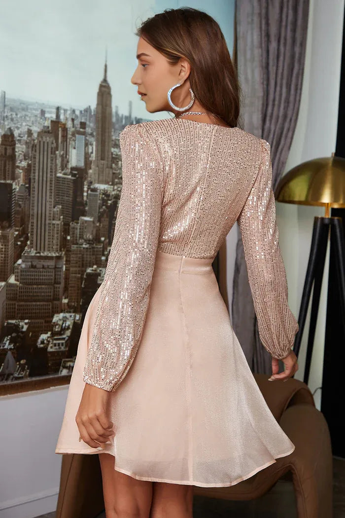Dress Champagne V-Neck Sequined Homecoming Dress Long Sleeves Full Coverage Party Dress