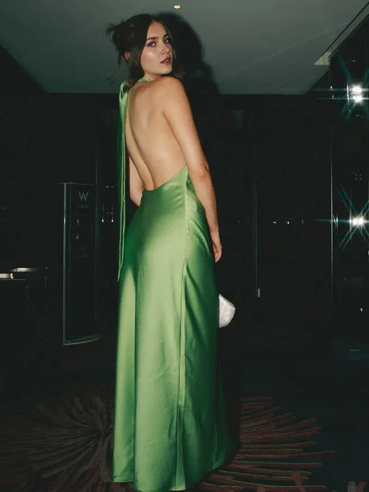 Dress Charming A Line Halter Green Satin Long Open Back Prom Dress Evening Dress Party Dress