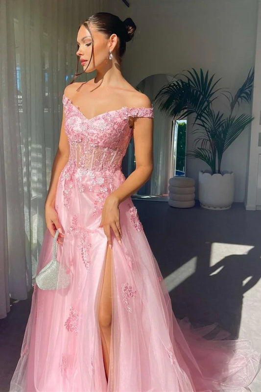 Dress Charming A Line Off the Shoulder Pink Prom Dress With Appliques