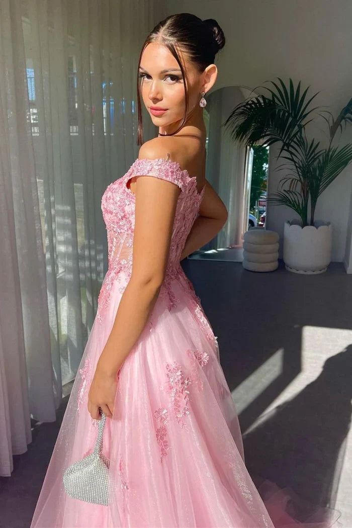 Dress Charming A Line Off the Shoulder Pink Prom Dress With Appliques