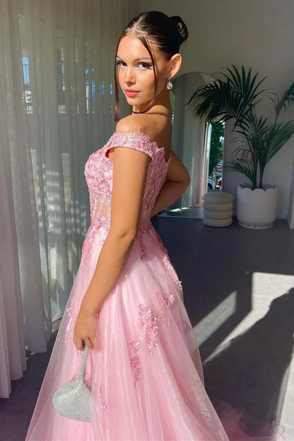 Dress Charming A Line Off the Shoulder Pink Prom Dress With Appliques