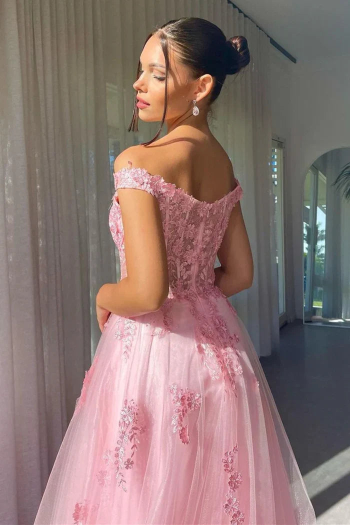 Dress Charming A Line Off the Shoulder Pink Prom Dress With Appliques