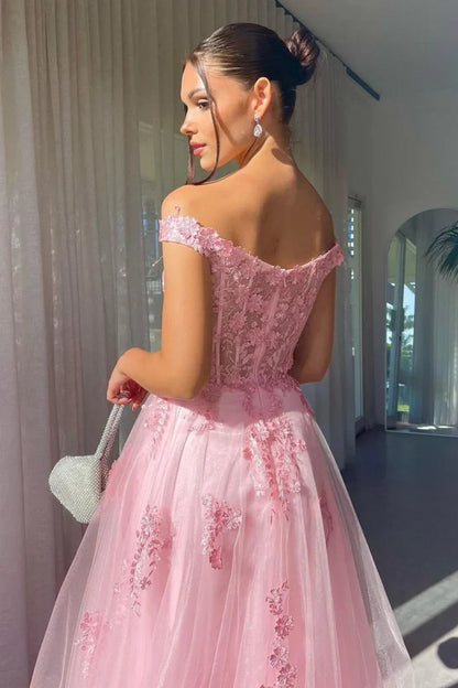 Dress Charming A Line Off the Shoulder Pink Prom Dress With Appliques