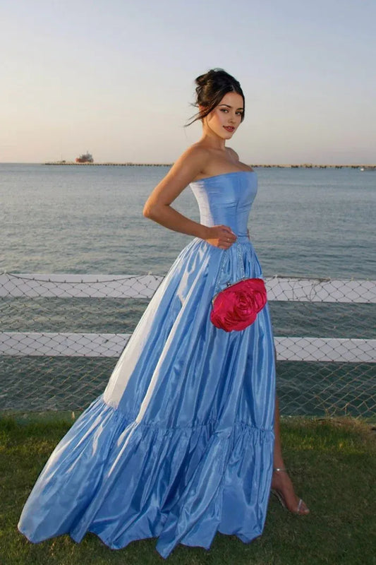 Dress Charming A Line Strapless Blue Satin Maxi Dress Prom Dress With Split Front