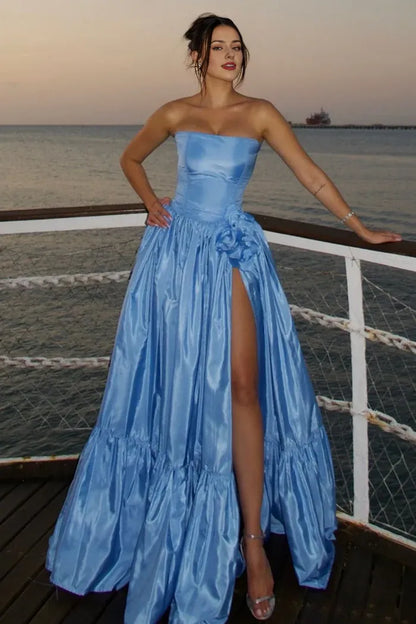 Dress Charming A Line Strapless Blue Satin Maxi Dress Prom Dress With Split Front