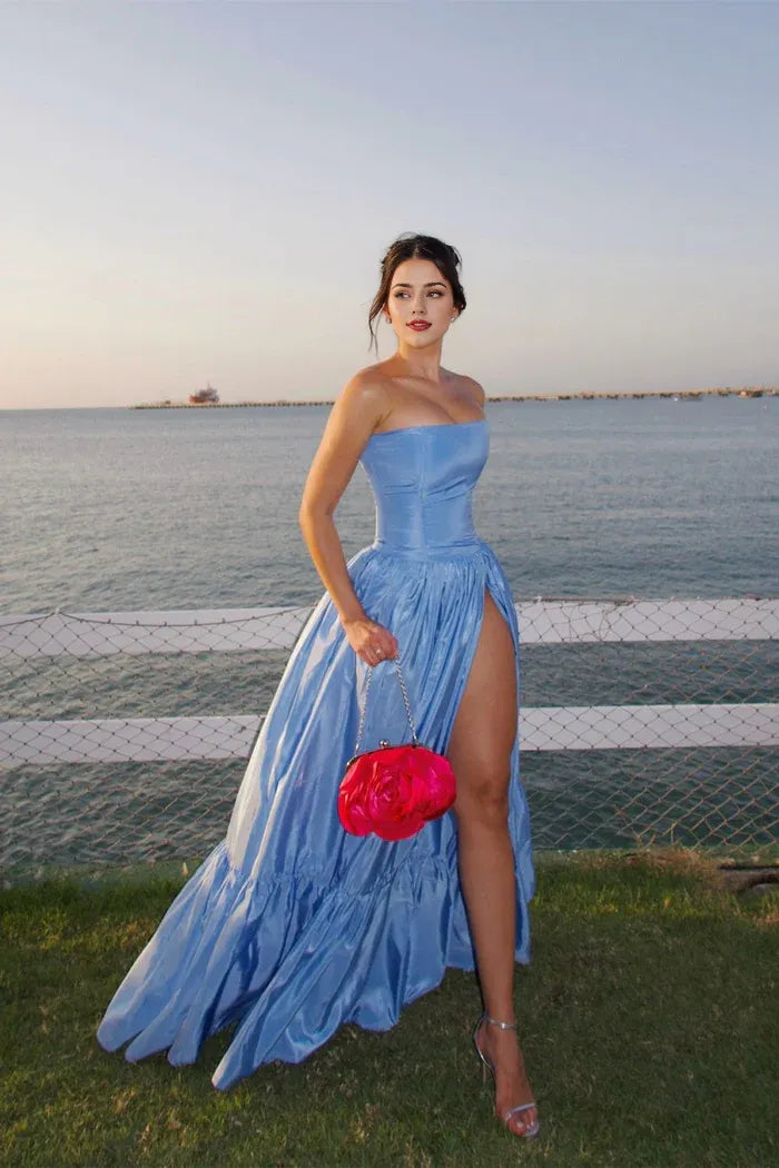 Dress Charming A Line Strapless Blue Satin Maxi Dress Prom Dress With Split Front