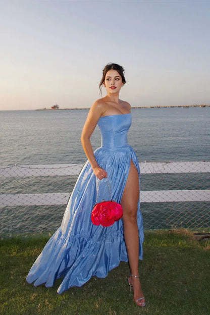 Dress Charming A Line Strapless Blue Satin Maxi Dress Prom Dress With Split Front