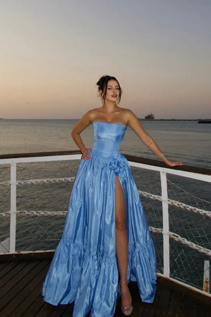 Dress Charming A Line Strapless Blue Satin Maxi Dress Prom Dress With Split Front