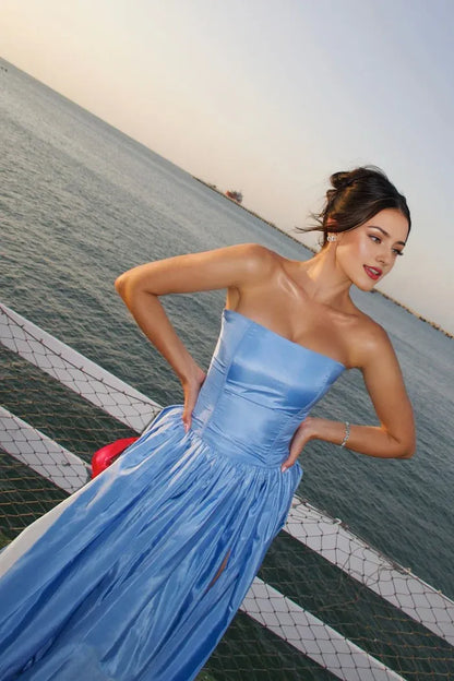 Dress Charming A Line Strapless Blue Satin Maxi Dress Prom Dress With Split Front